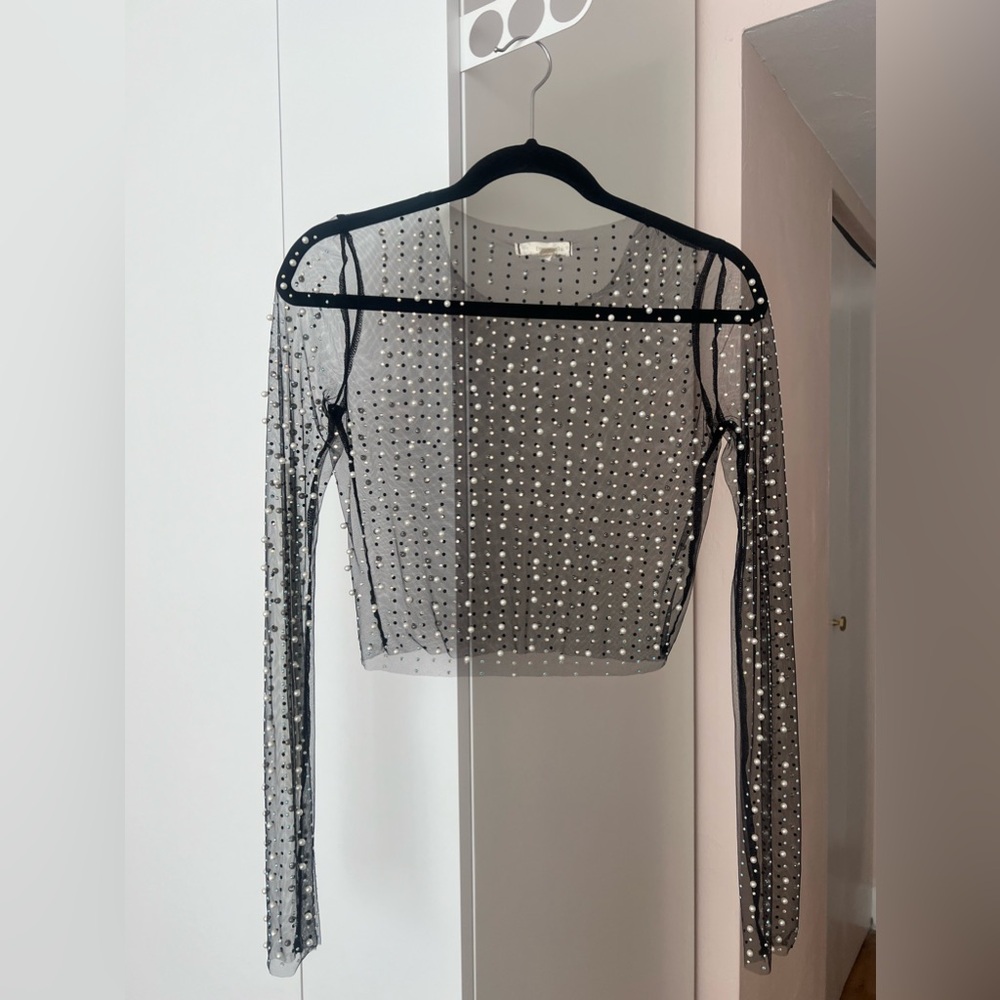 Endless Blu. - Black Pearl and Rhinestone studded mesh top